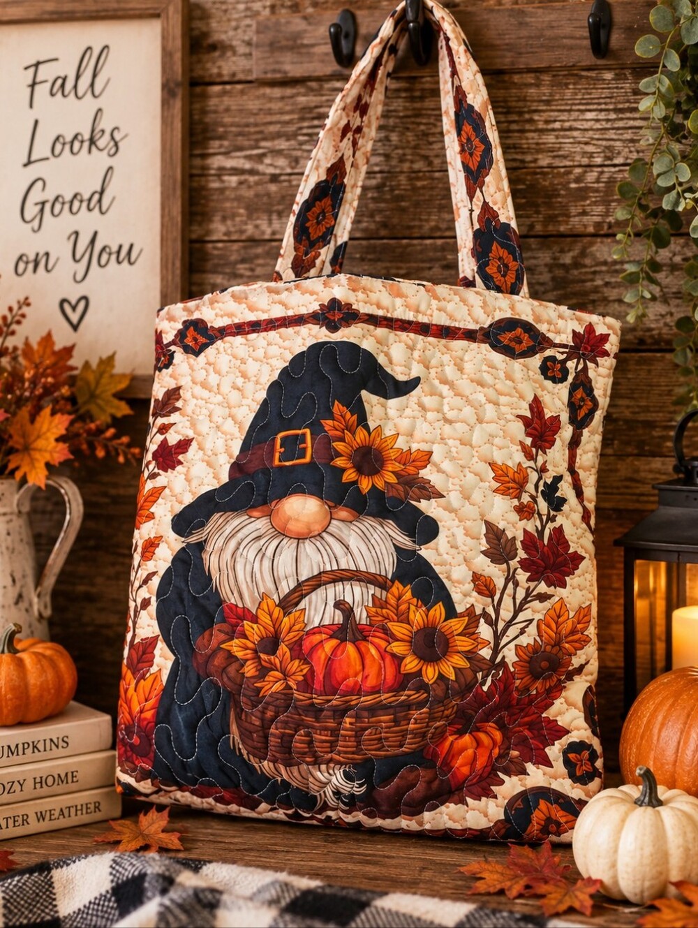 NWT Fall Gnome Quilted Tote Bag Pumpkin Sunflower Autumn Harvest 19” Large